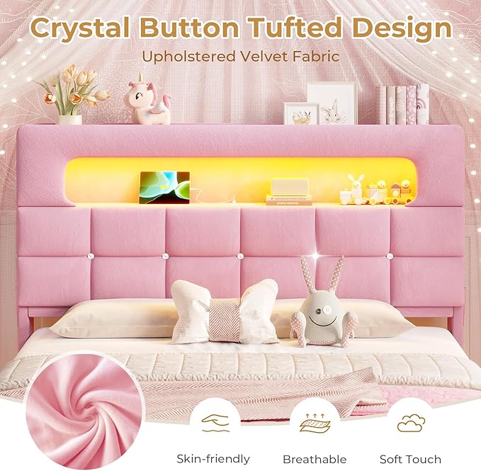 MSmask Queen Upholstered LED Bed Frame with 2-Tier Storage Bookcase Headboard, Velvet Princess Bed with Crystal Button Tufted Headboard & Charging Station, Girls Platform Bed, Curved Legs, Pink
