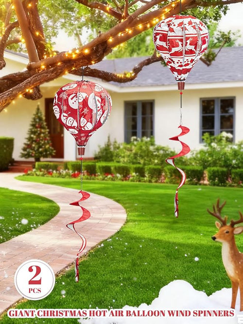 2PCS Giant Christmas Snowman Reindeer Hot Air Balloon Wind Spinners 14" W x 59" H Large Red&White Whirligig Wind Spinner Hanging Ornaments for Yard Garden Lawn Outdoor Decorations