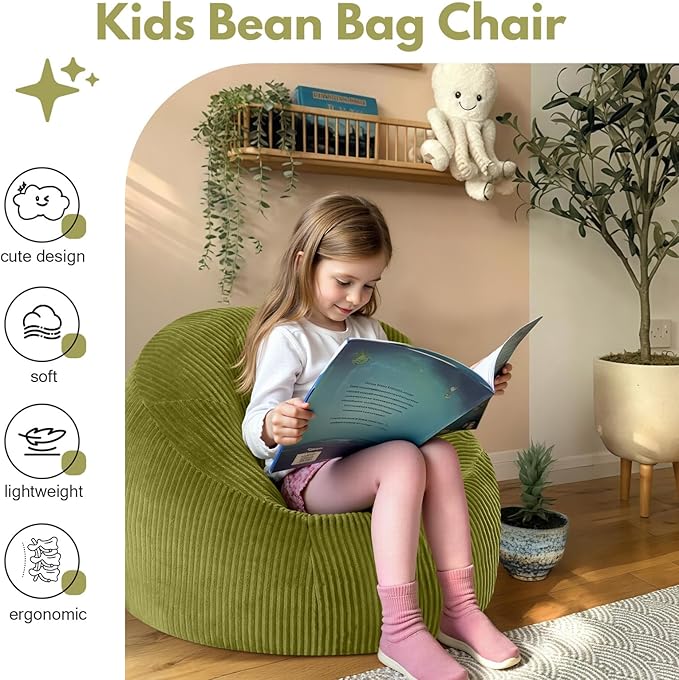 COMAX Bean Bag Chairs for Kids, Toddler BeanBag Sofa with Filler Bean Couch Stuffed for Boys and Girls, Lazy Floor Chair for Playroom, Nursery Room, Light Green