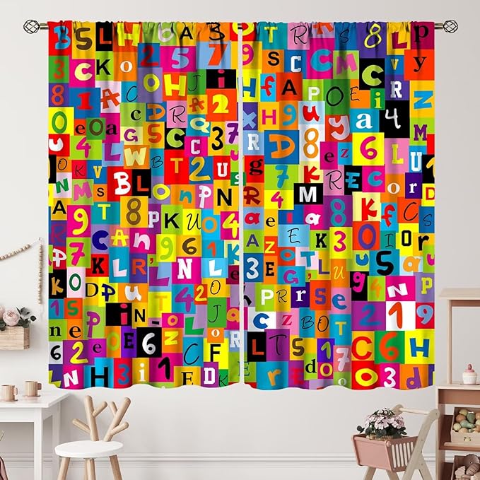ABC Alphabet Curtains Colorful Art Patchwork Alphabet Graffiti Cartoon Print Curtain with Rod Pocket for Bedroom Living Room Home Decor Drapes Window Treatments 2 Panels Set 84" W X 84" L