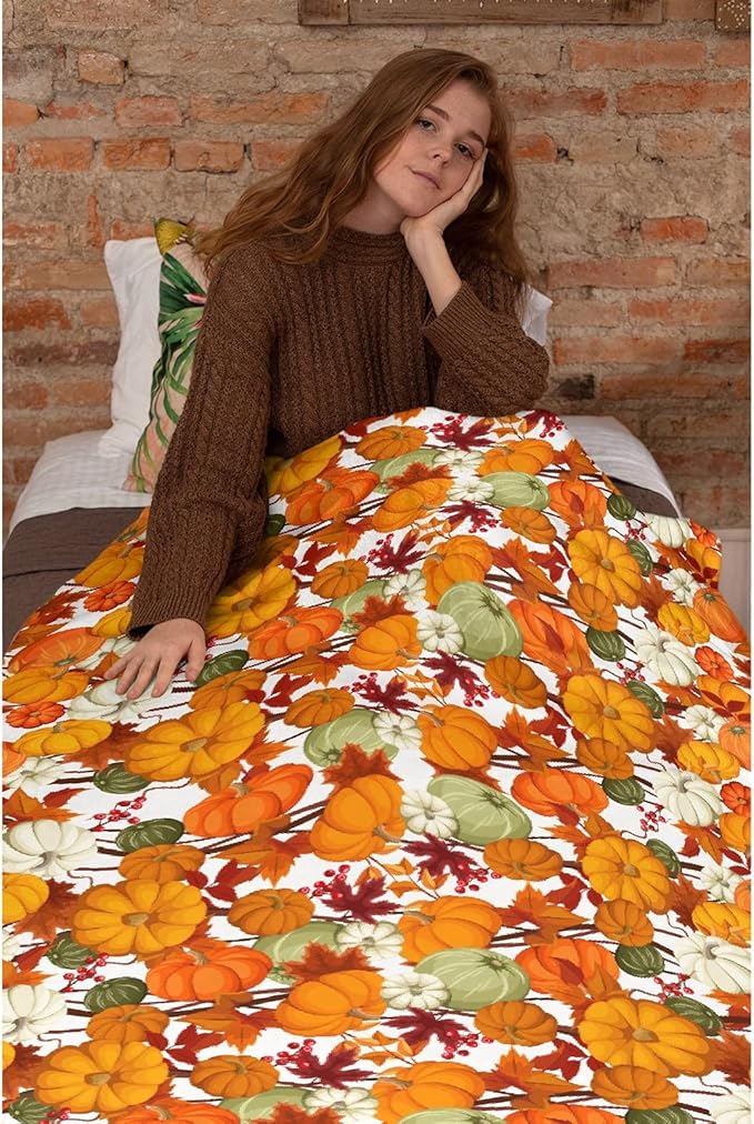 Thuswarm Autumn Harvest Pumpkins Print Flannel Blanket for Autumn Winter Gifts Warm Cozy Soft Funny Print Throw for Bed Couch Sofa 80”×60” Large for Adult