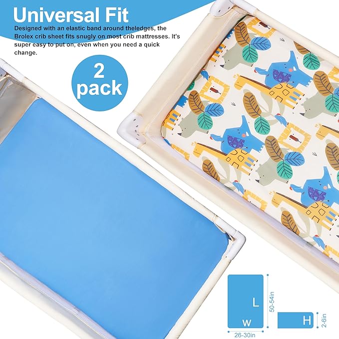 TILLYOU Mini Crib Sheets Fitted 2 Pack, Pack and Play Sheets for Toddler Mattress, Soft and Breathable 38”x 24” Pack n Play Mattresses Cover, Animal Geometry & Blue