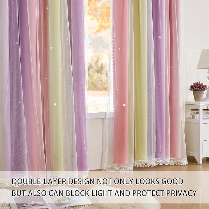 XiDi Pink Yellow Curtains for Girls Bedroom Decor Kids Blackout Curtains for Nursery Room Darkening Rainbow Princess Unicorn Wall Decals Little Girl Pink Yellow Purple 52x54 Inches Long 2 Panels Set