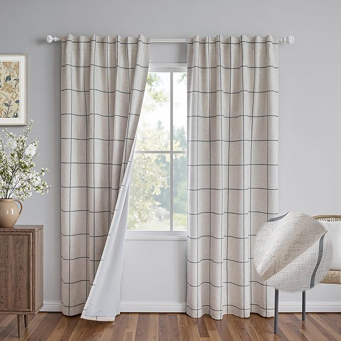 MYSKY HOME 100% Blackout Plaid Linen Curtains 90 Inches Long Double Layer Farmhouse Thermal Insulated Checkered Patterned Drapes Rod Pocket Back Tab for Living Room Dining Room, 2 Pcs, W52, Deep Grey