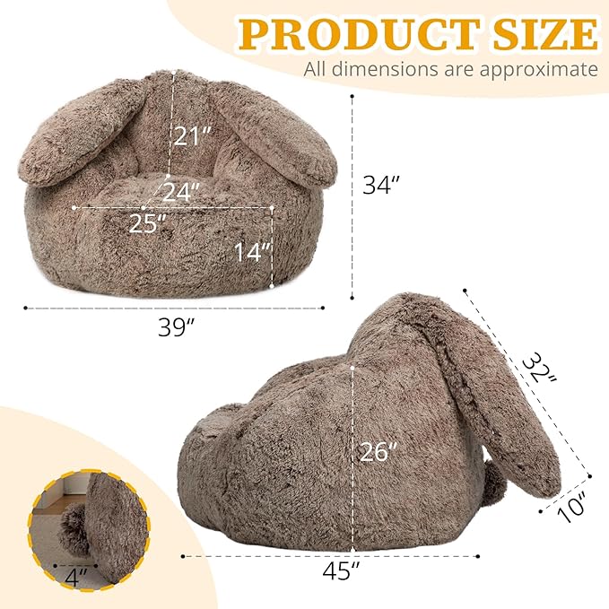Bean Bag Chair for Adults Kids Giant Fluffy Plush Bean Bag Sofa with Filler Faux Fur Rabbit Shaped Beanbag Chairs Comfy Accent Floor Couch for Gaming, Reading in Bedroom, Living Room, Dorm