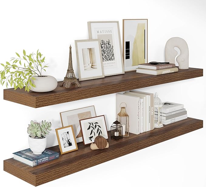Vivelove Wide Floating Shelves for Wall 12 Inch Deep, 48" X 12" X 2" Floating Shelf, 2 Inch Thick Shelf for Living Room Bathroom Bedroom Kitchen Book Room, Rustic Farmhouse Decor Set of 2, Walnut