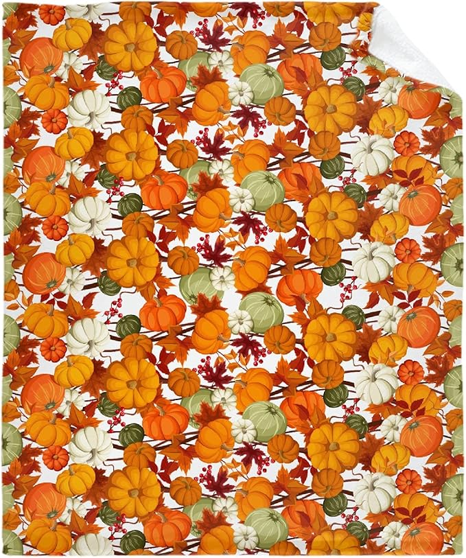 Thuswarm Autumn Harvest Pumpkins Print Flannel Blanket for Autumn Winter Gifts Warm Cozy Soft Funny Print Throw for Bed Couch Sofa 50”×40” Small for Kid