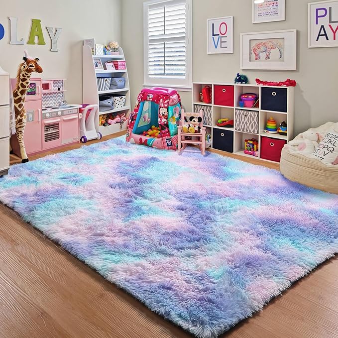 ONASAR Fluffy Area Rugs for Girls Bedroom, 4x6 Purple Rainbow Washable Bedside Rug, Indoor Cute Ultra Soft Plush Shag Floor Carpets for Nursery Kids Teen Girl Dorm Princess Room Playroom Home Decor