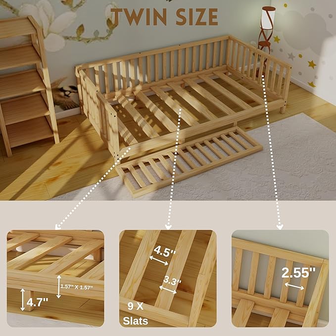 Montessori Floor Bed Designed with Open Front for Girls and Boys | Pine Wood Natural Solid Frame Beds Footed Model with Slats | Sturdy Designed Floor Bed Frame for Kids (Twin, Height : 23 Inches)