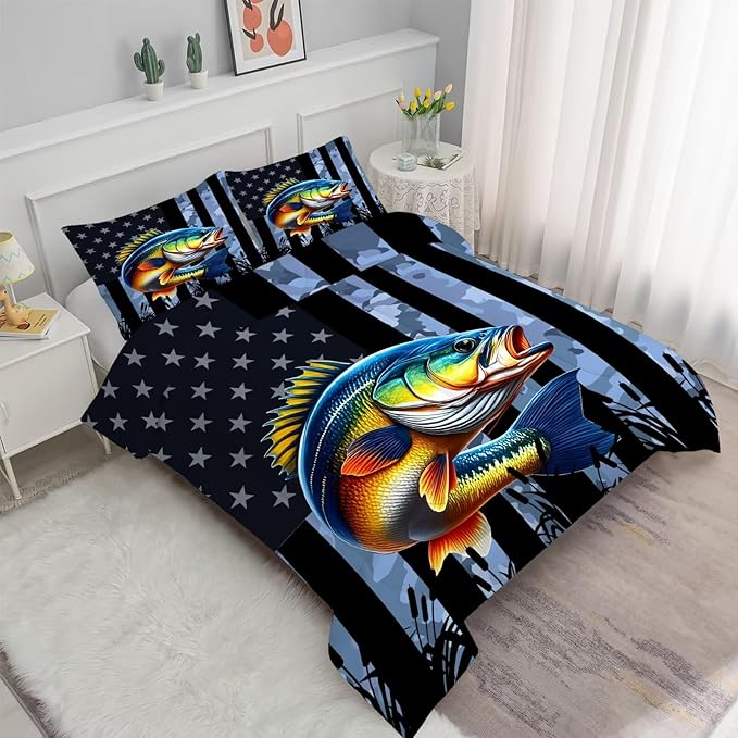 American Flag Comforter Set King Size Camouflage Bedding Set for Men Boys Teens Grey Fishing Lover Bedroom Fisherman Bass Fish Farmhouse Bed Set Wild Quilted, 1 Comforter 2 Pillowcases