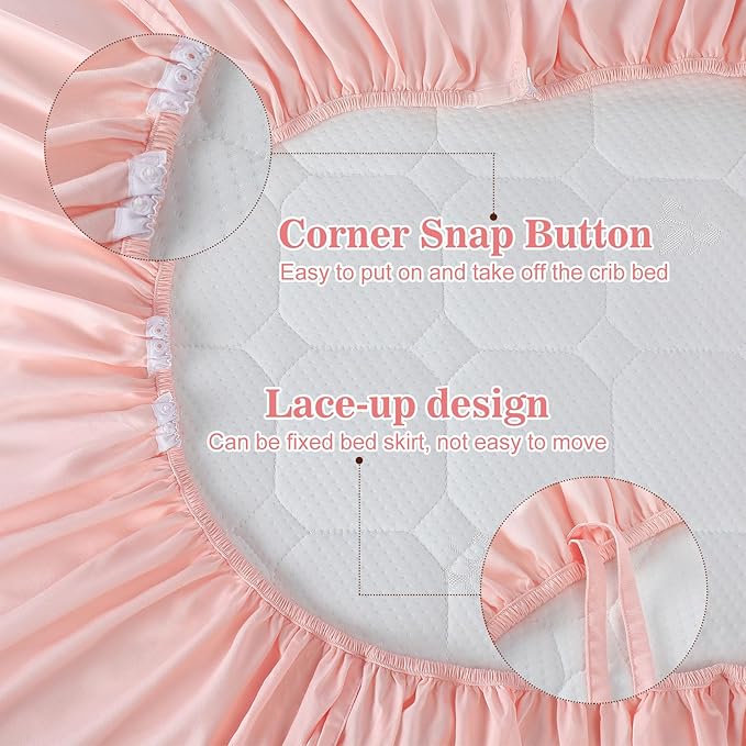 Pink Crib Bed Skirts with 4 Large Cot Bow 28" x 52" Baby Crib Skirt for Boys Girls Nursery Toddler Bedskirt Dust Ruffle 14" Drop
