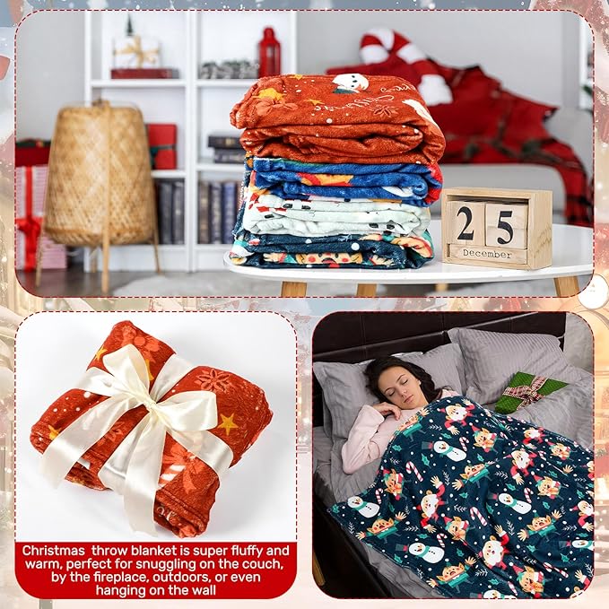 Buryeah 4 Pack Queen Size Christmas Throw Blankets Bulk for Sofa Bed Couch Snowman Igloo Santa Claus Bells Xmas Tree Soft Cozy Christmas Plush Flannel Blanket Home Decor Xmas Supplies, 60 x 80 Inches