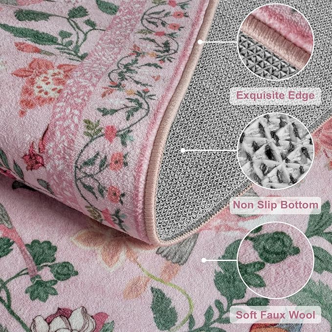 Pink Floral Runner Rug, 2x6 Washable Rug Runners for Hallways Non-Slip, Soft Low Pile Flower Birds Long Bathroom Mat Colorful Botanical Throw Carpet for Kitchen Laundry Entryway Porch