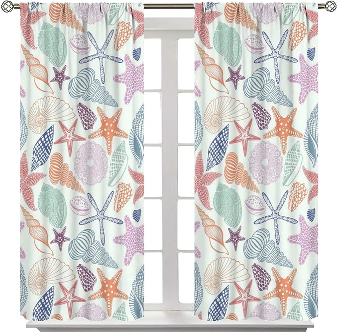 Coastal Nautical Curtains,Colorful Starfish Seashell Beach Sea Starfish Seashell Theme Pattern Blackout Print Home Bedroom Living Room Window Treatmen 2 Panel Set 72x63 Inch