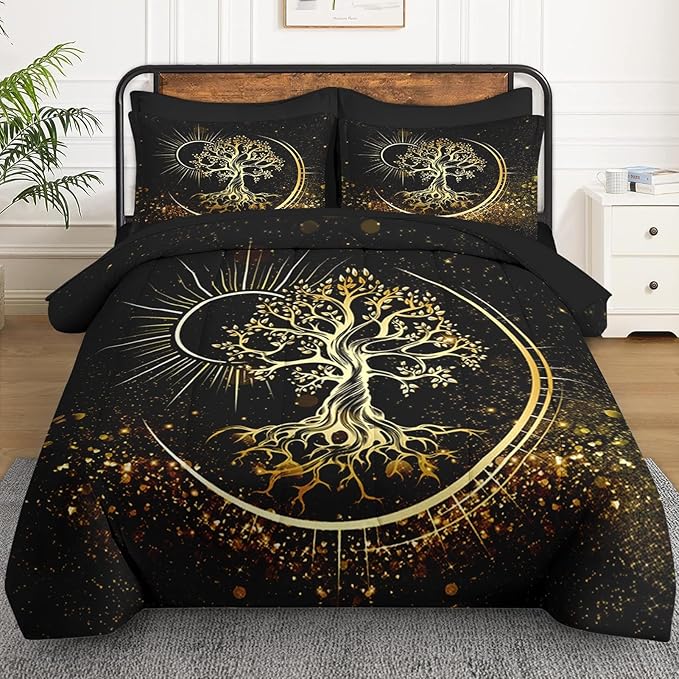 7 Pcs Full Size Comforter Set with 2 Pillowcases & 2 Shams, Black Sun and Moon Bedding for Kids and Adults, Nature Tree of Life Bed in a Bag with Flat Fitted Sheet