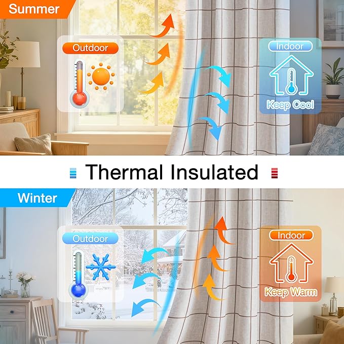 MYSKY HOME 100% Blackout Brown Plaid Linen Curtains 90 Inches Long Double Layer Farmhouse Thermal Insulated Checkered Patterned Drapes Rod Pocket Back Tab for Living Room Dining Room, 2 Pcs, W52