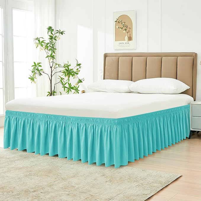 Biscaynebay Wrap Around Bed Skirts for Queen Beds 17" Long Drop, Aqua Adjustable Elastic Dust Ruffles Easy Fit Wrinkle Resistant Silky Luxurious Fabric Machine Washable