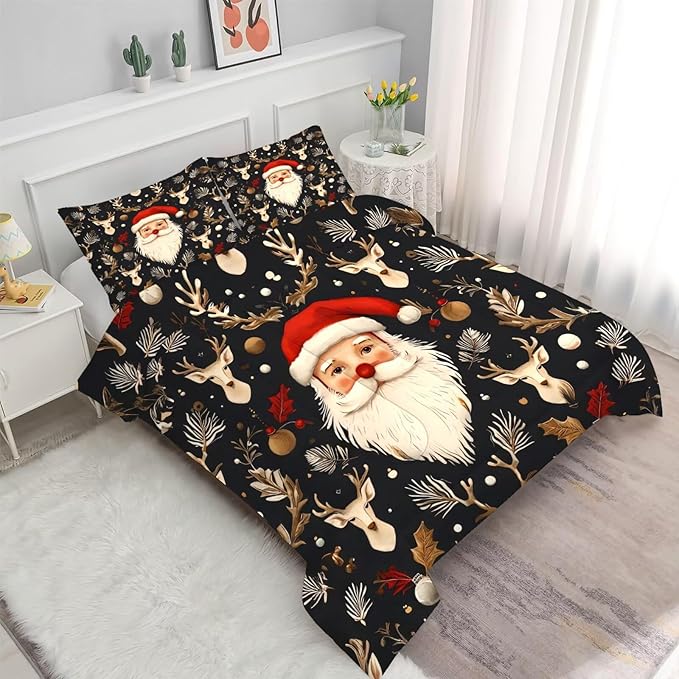 Black Christmas Bedding Set Santa Claus Comforter Full/Queen Size for Kids Girls Women Xmas Reindeer Holiday Bedroom Quilt Bed Sets, 1 Comforter 2 Pillowcases