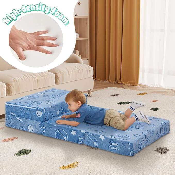 MeMoreCool Foldable Floor Mattress for Kids, Glow Toddler Nap Mat for Sleeping and Daycare, Portable Trifold Futon Mattress Floor Bed, Blue Space