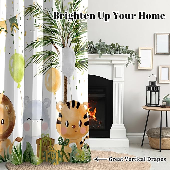 Renaiss 42 x 84 Inch Rainforest Safari Animal Curtains African Jungle Tropical Lions Tigers Elephants Giraffes Palm Trees Pattern Polyester Fabric Grommet Window Drapes for Nursery Bedroom 2 Panels