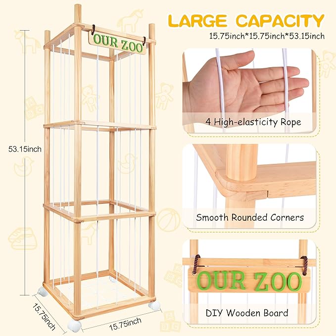 Stuffed Animal Storage with Wheels Wooden Stuffed Animal Holder 54" Stuffed Animal Organizer Space Saving Plushies Storage with Elastic Band Large Capacity Stuffy Storage for Playroom Bedroom