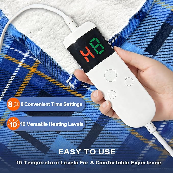 Electric Blanket Heated King, Soft Flannel 100"x90" Plaid Heating Blanket with 8 Hours Auto Off 10 Fast Heating Levels Machine Washable Sherpa Heated Blanket with Overheating Protection