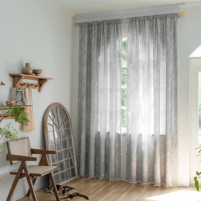 ENJOYBRIDAL Floral Curtains 84 Inch Long Grey Light Filtering Drapes Rod Pocket Bedroom Living Room Semi Sheer Window Curtains 2 Panel Sets Floor Length Farmhouse Boho Cute Window Treatments