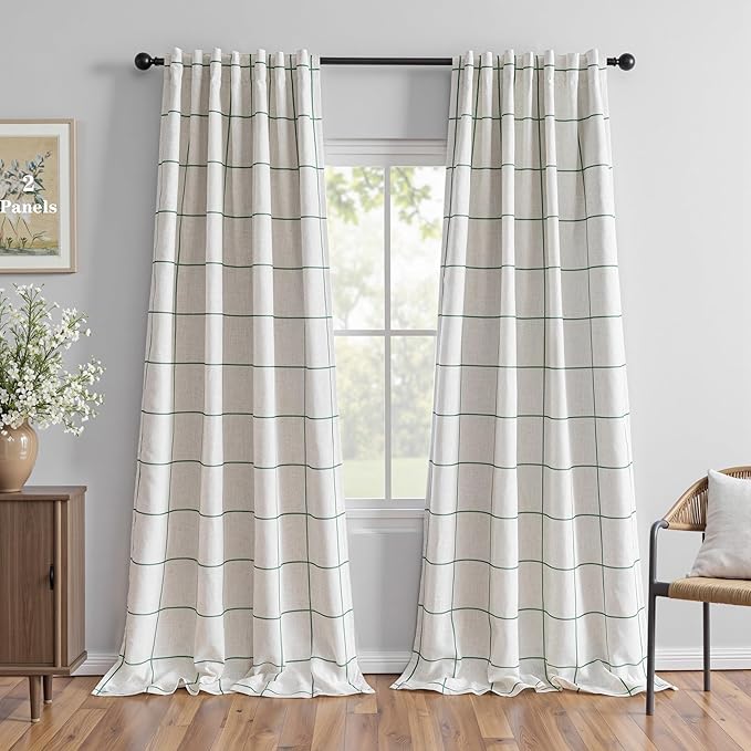 MYSKY HOME 100% Blackout Plaid Linen Curtains 95 Inches Length Double Layer Farmhouse Thermal Insulated Checkered Patterned Drapes Rod Pocket Back Tab for Living Room Dining Room, 2 Pcs, 52" W, Green