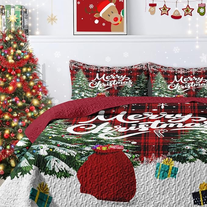 Christmas King Size Quilt Set, Green Cartoon Trees Lightweight Bedspread Coverlet with Pillow Shams for Kids and Adults, Black Red Plaid 3 Pcs Bedding Bed Cover