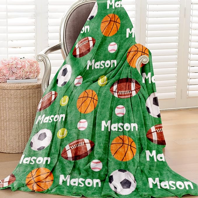 Personalized Ball Blanket with Name for Boys, Custom Name Blanket for Kids Ball, Soft Flannel Ball Toddler Blanket Customized Gift for Birthday Christmas Baby Shower Newborn Gift 30x40in