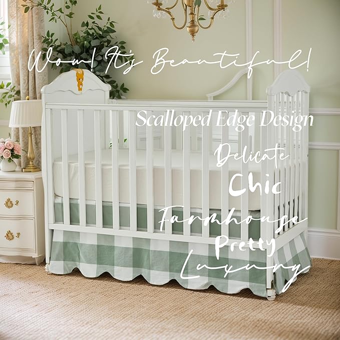 Brandream Scallop Edge Cotton Crib Skirt Toddler Bedskirt Baby Nursery Crib Bed Skirt Boho Bohemian Neutral Solid Color Sage Green Buffalo Plaid Gingham Farmhouse Chic Bedding Skirt