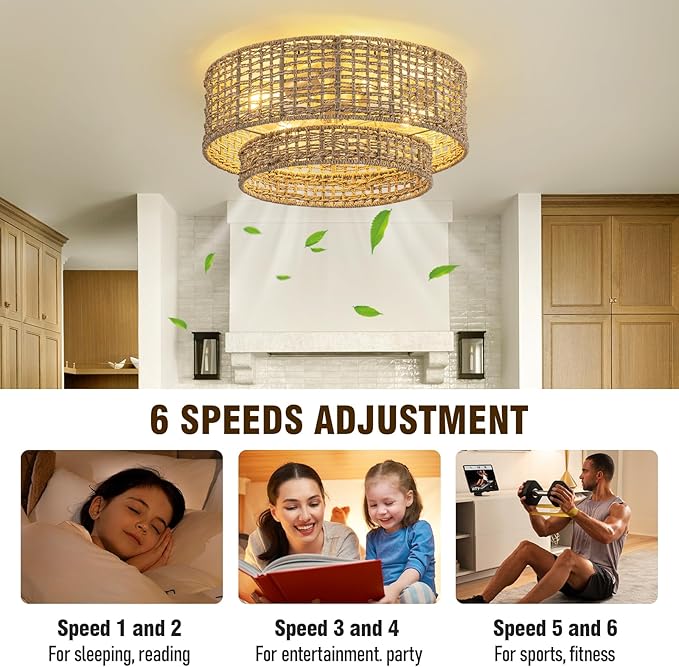 Boho Fandelier Ceiling Fan with Light,Rattan Caged Ceiling Fan with Light and Remote Control,Enclosed 6 Speeds for Bedroom, Living Room,Kitchen