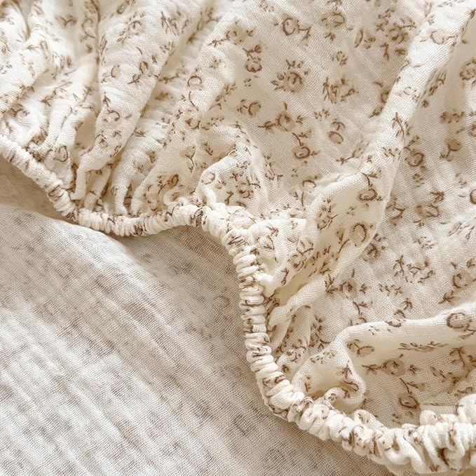 BuLuTu 100% Cotton Fitted Baby Bed Sheets Set of 2, Soft Breathable Muslin Crib Sheets for Standard Crib Mattress Toddler Mattress 52"x28", Machine Washable, Beige & Camellia