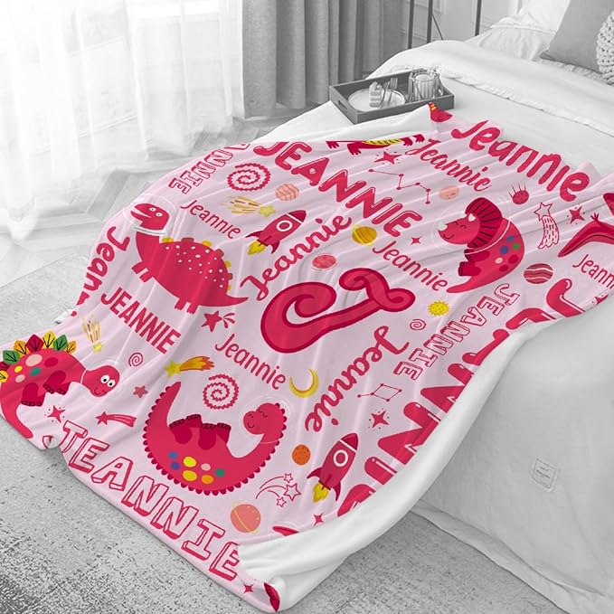 Dinosaur Lover Astronaut Personalized Blanket with Name Custom Pink Dinosaur with Name Flannel Blanket Soft Throw Meaningful Gift for Toddlers Girls Boys Kids Pets 120 * 90" XL for Family