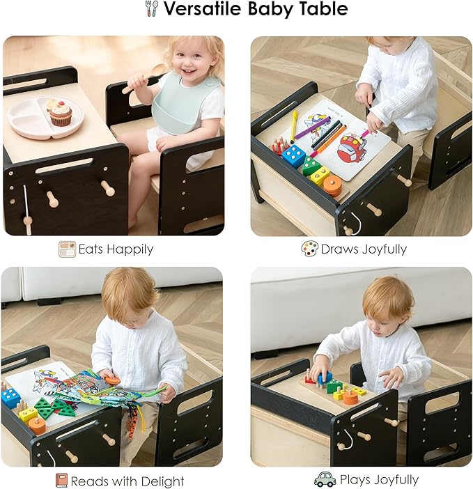 Montessori Weaning Table and Chair Set - Adjustable Design for Toddlers, Ideal for Mealtime, Learning, and Play, Black