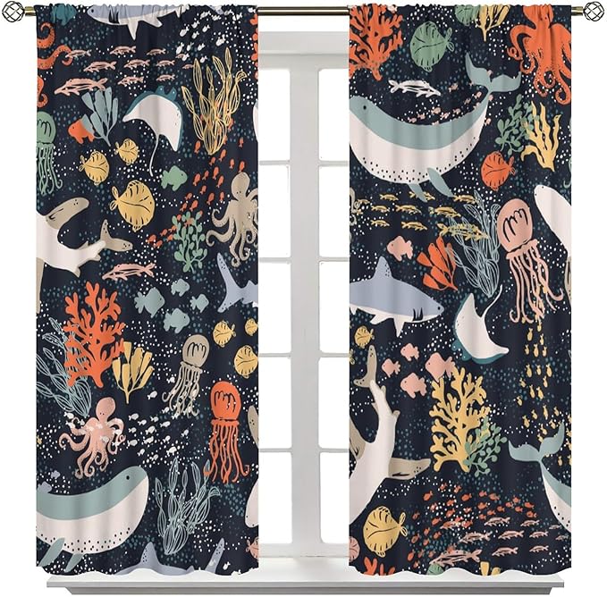 Sea Animals Curtain Cartoon Fish，Undersea Cute Whales Dolphin Underwater Wild Life Blue Ocean Boys Girls Waterproof Polyester Fabric Bedroom Decoration Set 2 Panels,63x72 Inches