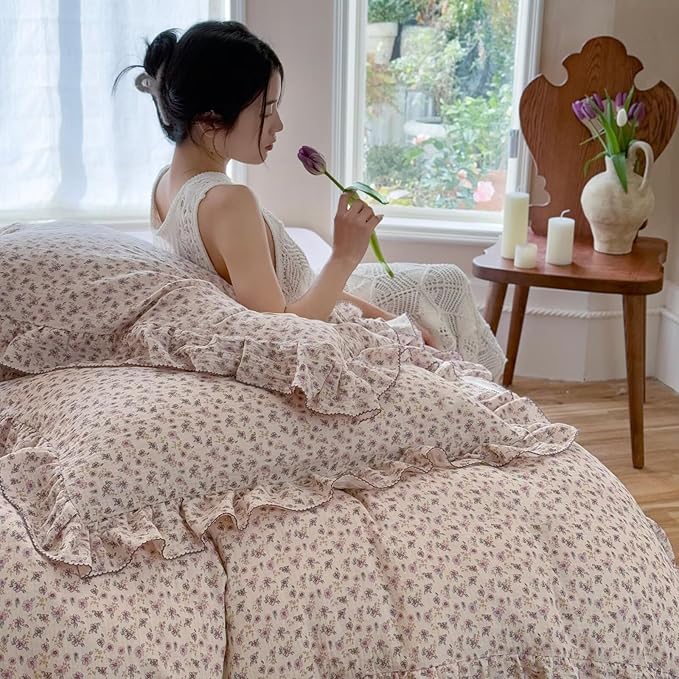 BuLuTu Purple Floral Duvet Cover King, Muslin Cotton Comforter Cover for King Size Bed, Cottage Ruffles Bedding Quilt Covers 104"x90", Zipper & 4 Ties, No Pillowcses, All Seasons