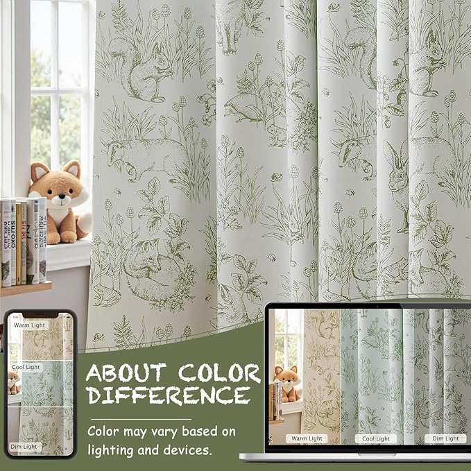 jinchan 95% Blackout Nursery Curtains 84 Inches Long, Bunny Woodland Toile Curtains Sage Green on Beige Animal Printed Drapes Rod Pocket Thermal Insulated Bedroom Farmhouse Window Treatment 2 Panels