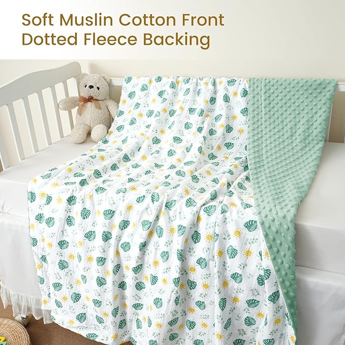 david's kids Muslin Minky Baby Blanket for Boys Girls with Muslin Cotton Front and Dotted Fleece Backing, Breathable and Soft Lightweight Receiving Blanket for Newborns, 30x40 Inches, Leaf