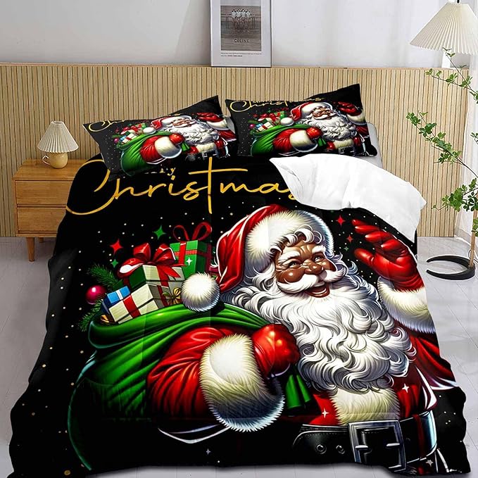 LUVIVIHOME Christmas Bedding, African American Black Santa Claus Comforter Set King Size, Winter Xmas Funny Merry Christmas Bedroom Decor for Kids Boys Girls Teens, Xmas Gifts, 2 Pillow Shams