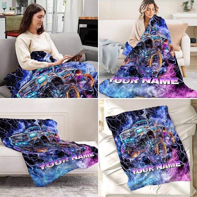 Kids Blanket Gifts Personalized Truck Blankets for Toddler, Boys - Custom Cozy Fuzzy Car Flannel Throws Stuff for Couch, Sofa & Bed
