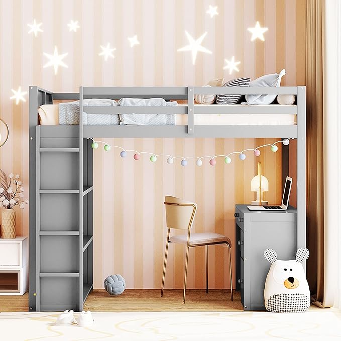 CITYLIGHT Twin Loft Bed with Desk and Shelves,Wooden Twin Size Loft Bed with Desk and Storage Drawers, Space Saving Loft Bed Twin for Kids Girls Boys (Twin,Grey)