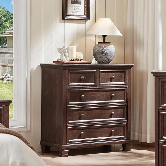 Farmhouse Bedroom Dresser and Nightstand Set of 4, 6 Drawer Low & 5 Drawers Dresser & 3 Drawer Nightstand Set with Wooden Legs, Rustic Wood Furniture for Bedroom, Hallway, Walnut