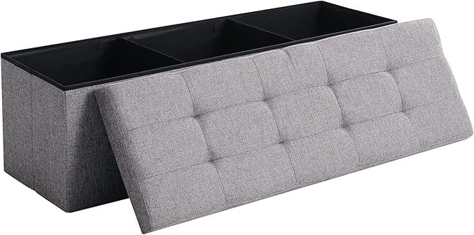 Cuyoca 45.3 Inches Foldable Seat Footrest Shoe Bench End of Bed Storage with Flipping Lid, 166L Upholstered Tufted Bench, Linen Fabric Grey