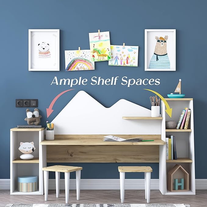 Kid's Study Desk with Bookshelf + 2 Stools for Ages 3-8, Wooden Children Activity Table with Hutch and Shelves, Kids Bedroom Study Desk with Storage