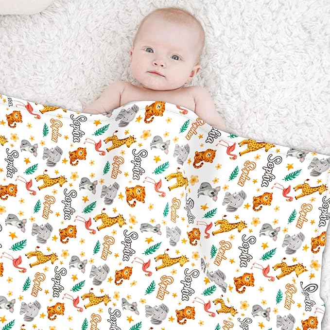Custom Safari Animals Blanket Gift, Personalized Baby Blanket with Name, Soft Plush Flannel/Sherpa Fleece Throw Blankets for Toddler Kid Teen Boys Girls Color05