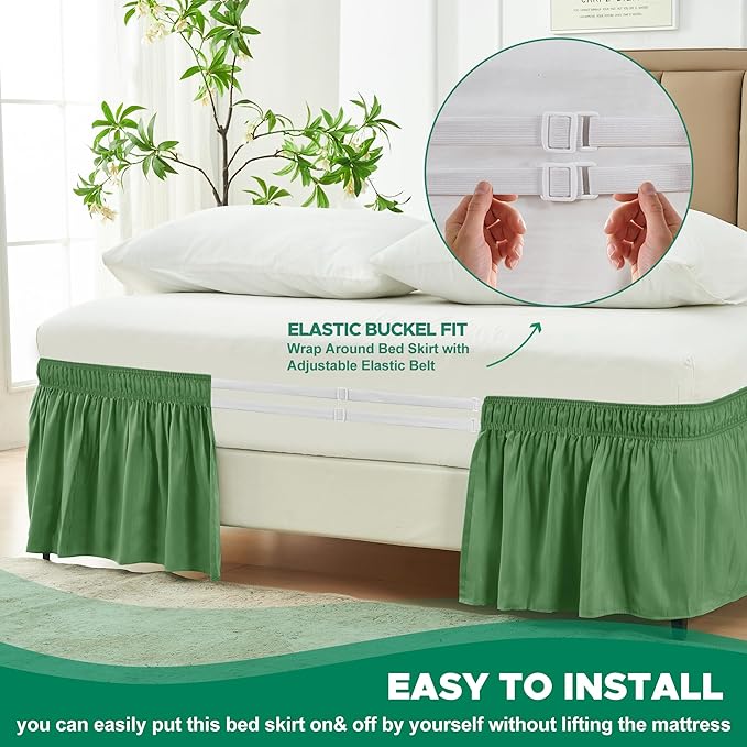 Biscaynebay Wrap Around Bed Skirts for King & Cal King Beds 15" Drop, Sage Adjustable Elastic Dust Ruffles Easy Fit Wrinkle & Fade Resistant Silky Luxurious Fabric Machine Washable