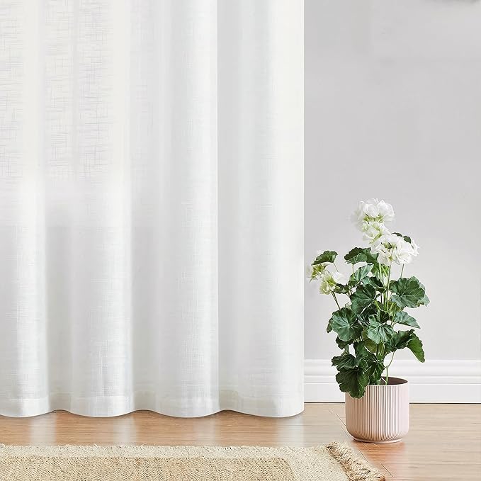 FMFUNCTEX Linen Semi Sheer Curtains 54 Inch Length for Bedroom Living Room, White Curtain Panels Sheer Linen Textured Window Drapes Farmhouse Light Filtering Natural 2 Panels Rod Pocket