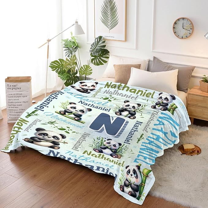 Personalized Custom Panda Blanket Gifts for Kids Boys Girls with Name - Customized Panda Super Soft Lightweight Flannel Sheets Decor for Crib Nap Couch - 50"x60" for Teens