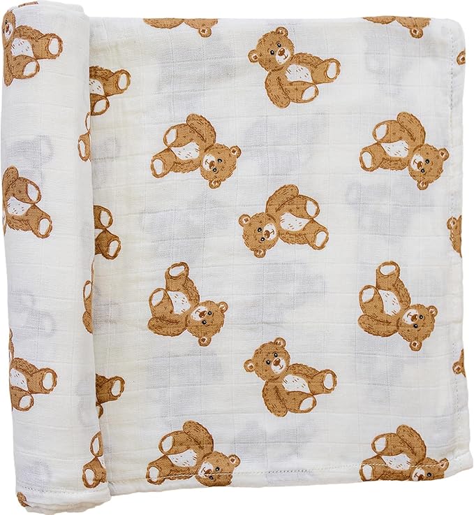 Mebie Baby Teddy Bear Muslin Swaddle, Modern and Neutral Blanket for Baby Girl or Boy, 0-3 Month, Comfy Wrap